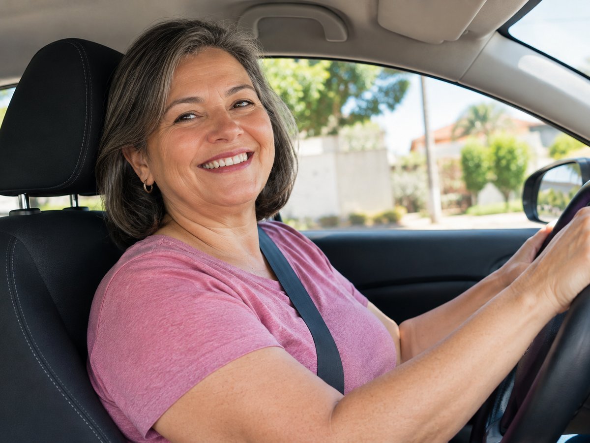 Mulher sorrindo ao volante, retomando a direção com confiança