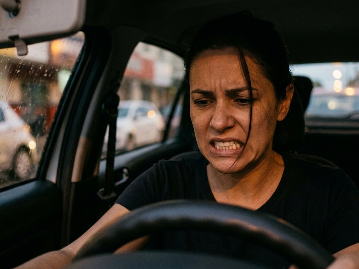 Mulher tensa dirigindo, demonstrando ansiedade no trânsito